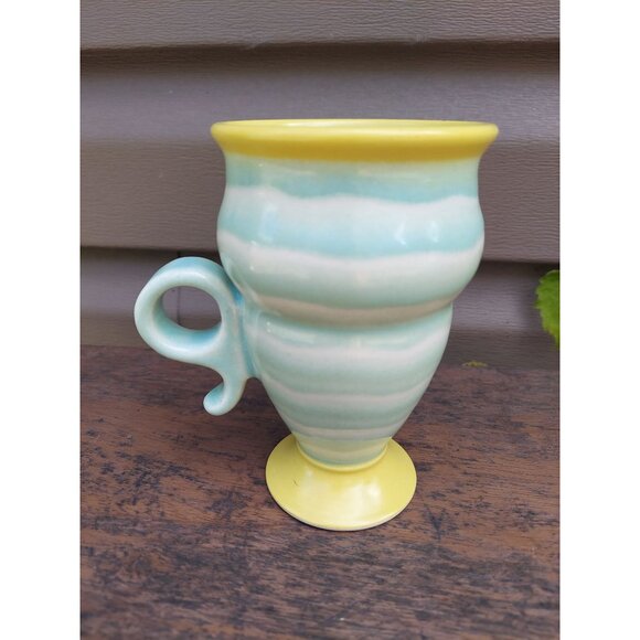 Eric Van Eimeren Pottery Footed Mug Green & White w/ Yellow Rim and Foot Helena, - Picture 2 of 4